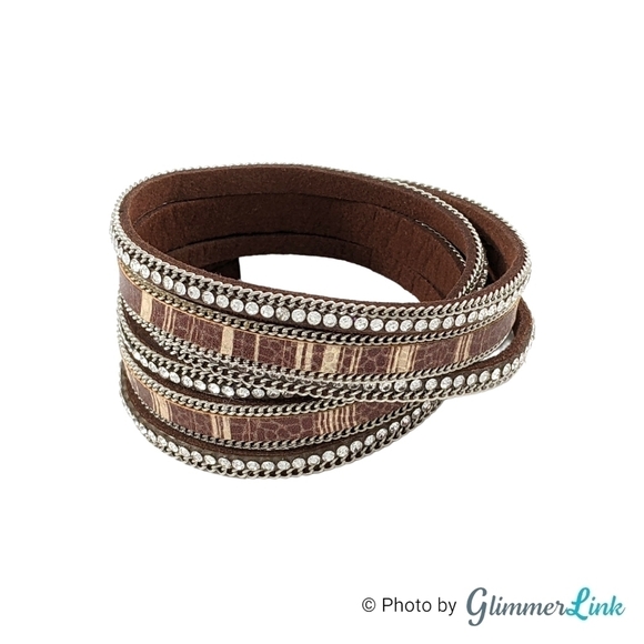 Brown Multi Strand Faux Leather Rhinestones Wrap Bracelet Magnetic Clasp - Picture 2 of 9